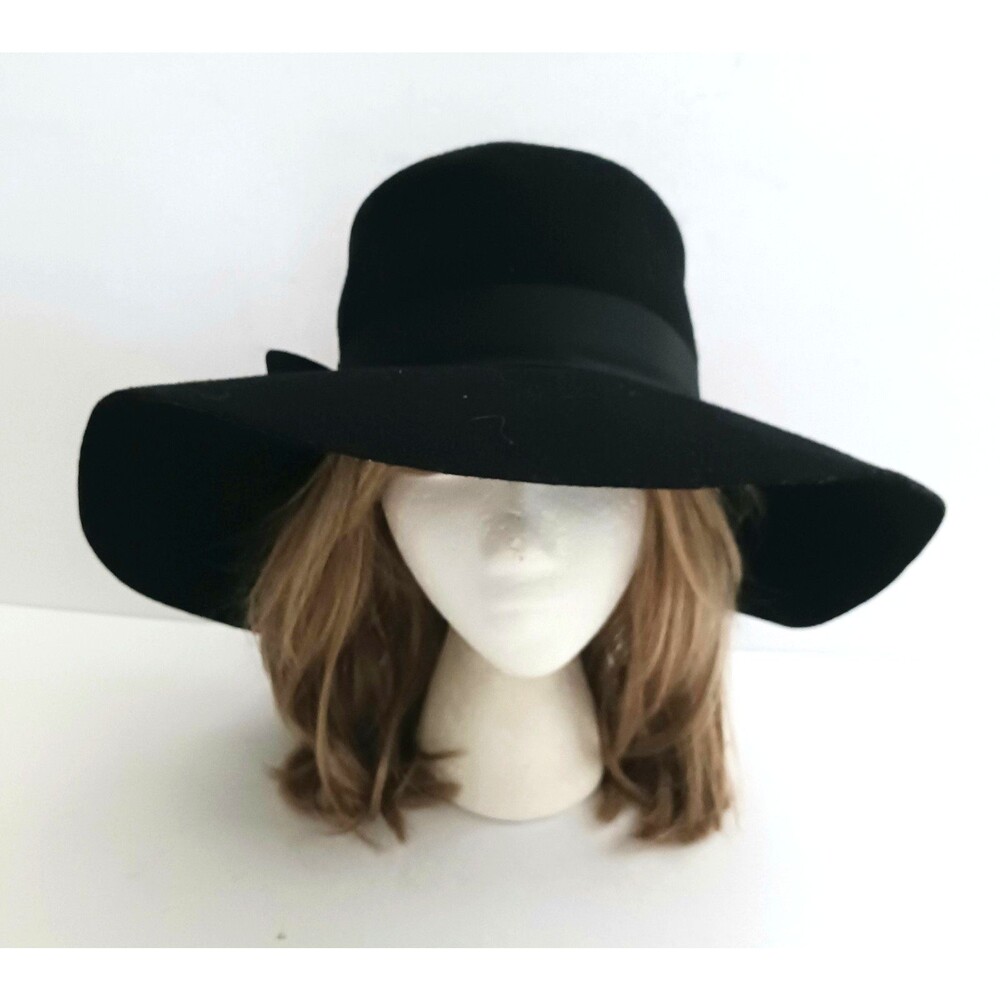 VTG Ritz Henry Pollak NY Blk Wool Felt Wide Brim Hat w Bow Sz M